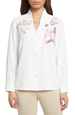 Misook Floral Embroidered Button-Up Shirt in Wht Almnd Beige Rhubrb Snd Blk
