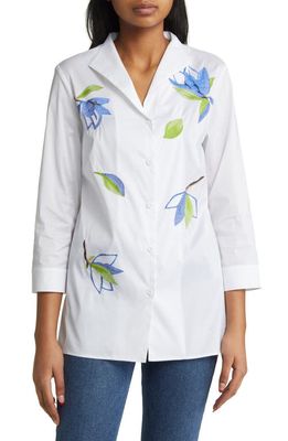 Misook Floral Embroidered Button-Up Shirt in Wht/Sky/Mul