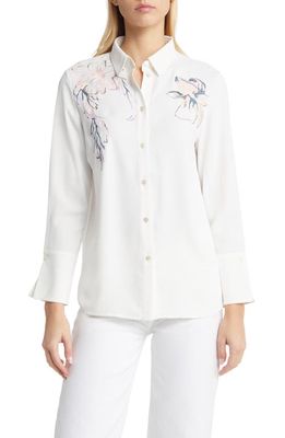Misook Floral Embroidered Crêpe de Chine Button-Up Blouse in White/Rose/Multi