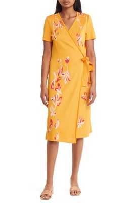 Misook Floral Embroidered Knit Midi Wrap Dress in Star Anise Rd Sunset Macadamia