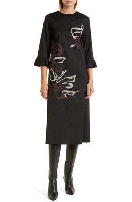 Misook Floral Embroidered Midi Dress in Black/Biscotti/Mahogany