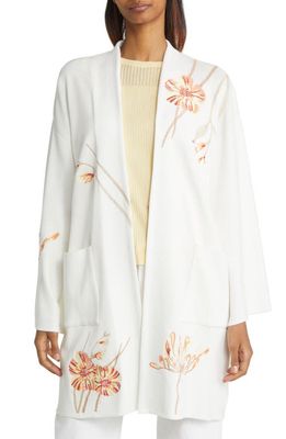 Misook Floral Embroidered Open Front Cardigan in White/Sand Multi