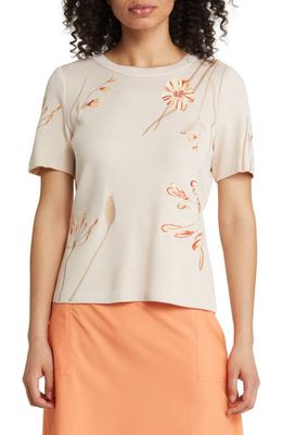 Misook Floral Embroidered Short Sleeve Sweater in Sand Multi