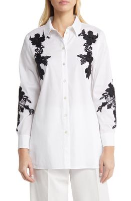Misook Floral Lace Appliqué Cotton Blend Button-Up Shirt in Black/White