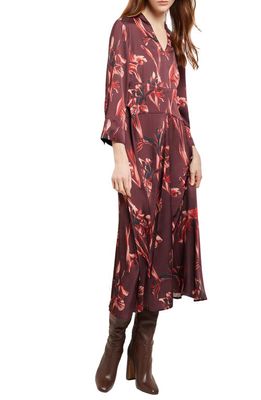 Misook Floral Print Long Sleeve Crêpe de Chine Dress in Mahogany/multi