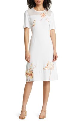 Misook Flower Embroidery Knit Dress in White/Sand Multi