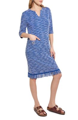 Misook Fringe Hem Tweed Knit Dress in Lyons Blue/new Ivory/black