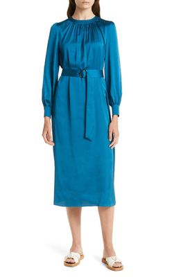 Misook Gathered Neck Belted Crêpe de Chine Dress in Galactic Teal