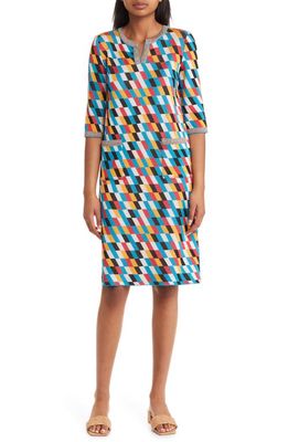 Misook Geometric Print Knit Shift Dress in French Blue/Red/Black