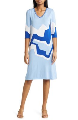 Misook Landscape V-Neck Knit Midi Dress in Blue/Sky/White