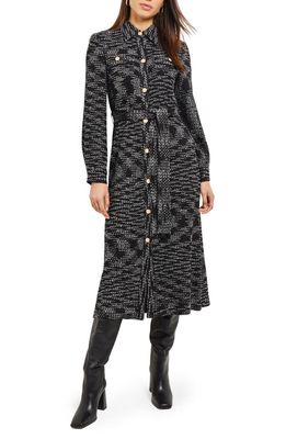 Misook Long Sleeve Belted Tweed Knit Shirtdress in Blk/Nivory