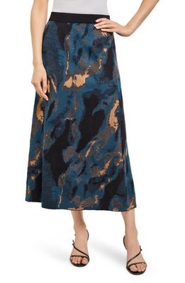 Misook Marbled Jacquard Knit Midi A-Line Skirt in Mteal/black/Gold