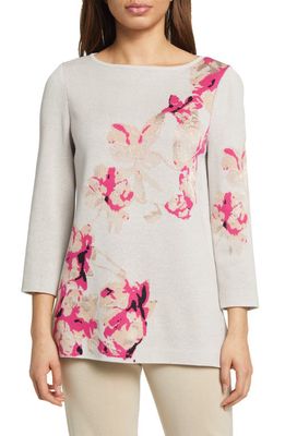 Misook Placed Floral Recycled Blend Top in Almond Beige Rhubarb Sand Blk