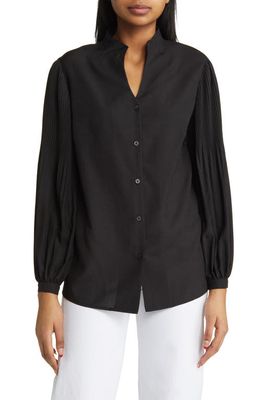 Misook Pleated Balloon Sleeve Crepe Button-Up Blouse in Black