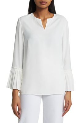 Misook Pleated Bell Sleeve Split Neck Top in White