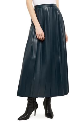 Misook Pleated Faux Leather A-Line Midi Skirt in Marine Teal