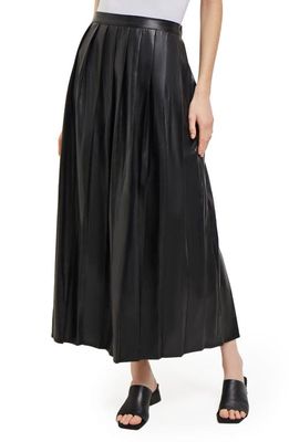 Misook Pleated Faux Leather Midi A-Line Skirt in Black