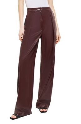 Misook Pleated Straight Leg Faux Leather Trousers in Mahogany