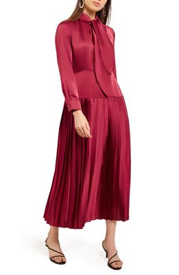 Misook Pleated Tie Neck Long Sleeve Satin Crêpe Dress in Afrcn Violet