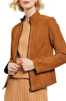 Misook Reversible Suede Zip Jacket in Goldenwd/Blk