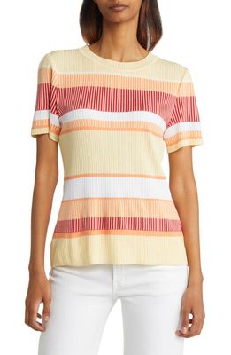 Misook Rib Stripe Short Sleeve Sweater in Citrus Blossom Multi