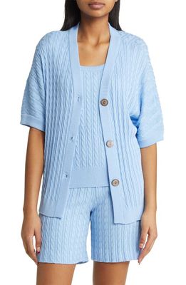 Misook Short Sleeve Cable Stitch Cardigan in Cirrus Blue