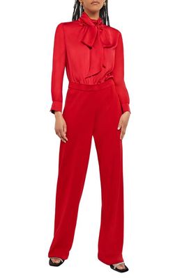 Misook Tie Neck Mixed-Media Jumpsuit in Classic Red