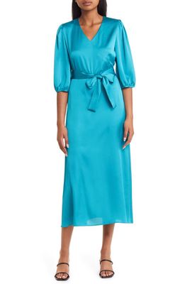 Misook Tie Waist Puff Shoulder Midi Dress in French Blue