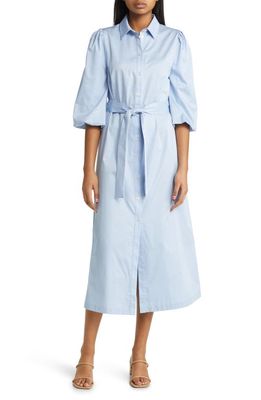Misook Tie Waist Puff Sleeve Wrinkle Resistant Poplin Midi Shirtdress in Cirrus Blue