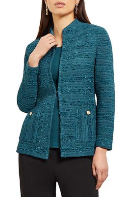 Misook Tweed Funnel Neck Knit Jacket in Marine Teal