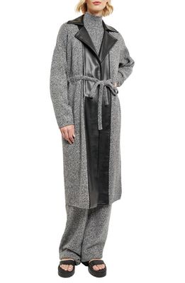 Misook Tweed Mixed Media Belted Sweater Coat in Black/New Ivory