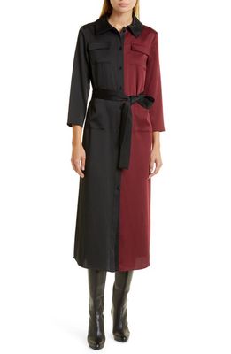 Misook Two-Tone Belted Crepe de Chine Shirtdress in Scarlet Red/Black