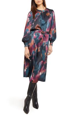 Misook Watercolor Belted Long Sleeve Crêpe de Chine Midi Dress in M Teal/Multi