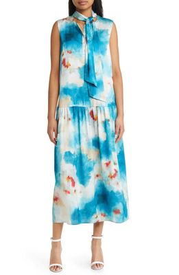 Misook Watercolor Tie Neck Drop Waist Midi Dress in Frnch Bl Mcdm Rd Snst Nw Ivry