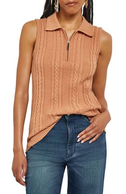 Misook Wing Collar Cable Stitch Quarter Zip Sleeveless Sweater in Goldenwood