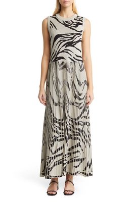Misook Zebra Jacquard Pleated Knit Maxi Dress in Almond Beige/Black