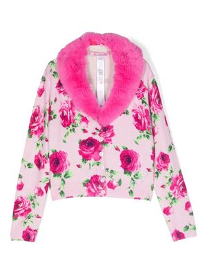 Miss Blumarine faux-fur collar floral intarsia-knit cardigan - Pink