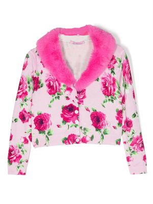 Miss Blumarine faux-fur collar floral-print cardigan - Pink