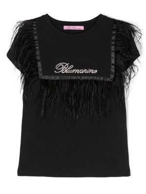 Miss Blumarine feather-detail rhinestone-logo T-shirt - Black
