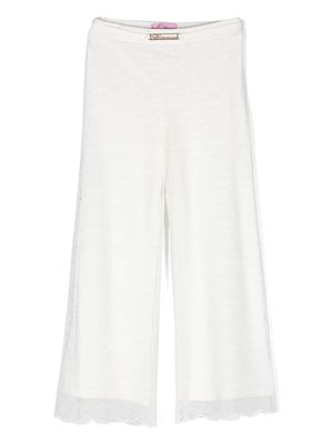 Miss Blumarine floral-laced logo-plaque straight-leg trousers - White