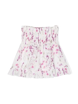 Miss Blumarine floral-print smocked cotton skirt - White