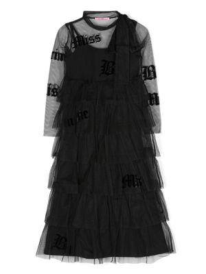 Miss Blumarine jacquard logo-motif layered tulle dress - Black