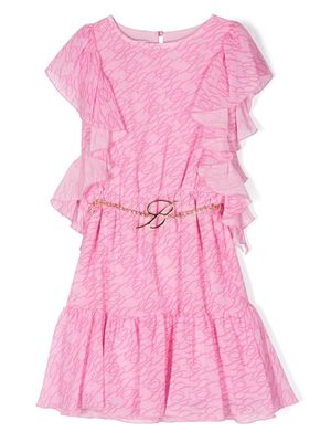 Miss Blumarine logo-belt ruffle-detail dress - Pink