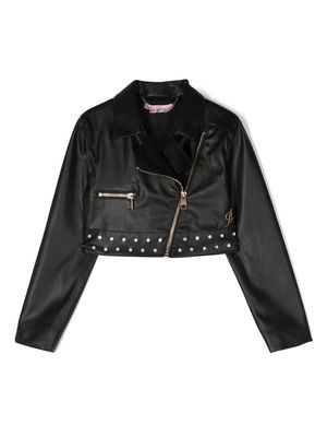 Miss Blumarine logo-embroidered biker jacket - Black
