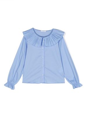 Miss Grant Kids pleated-collar long-sleeve cotton shirt - Blue