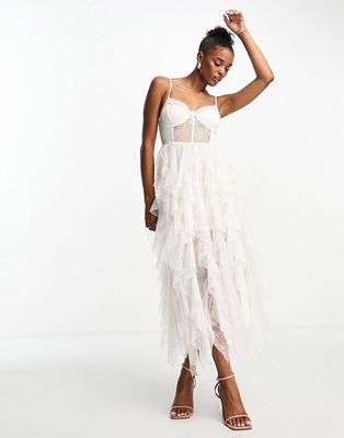 Miss Selfridge bandeau bridal lace detail ruffle maxi dress with detachable straps in cream-White