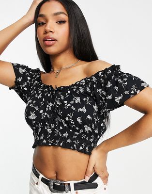Miss Selfridge bardot crop top with buttons in mono floral-Multi