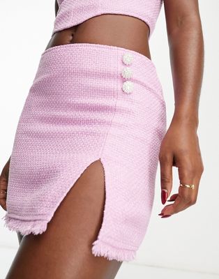 Miss Selfridge boucle mini skirt with side split and pearl button detail in pink - part of a set-Purple