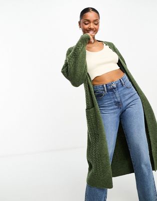 Miss Selfridge cable knit chunky coatigan in khaki-Green
