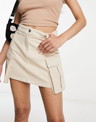 Miss Selfridge cargo pocket denim mini skirt in stone-White